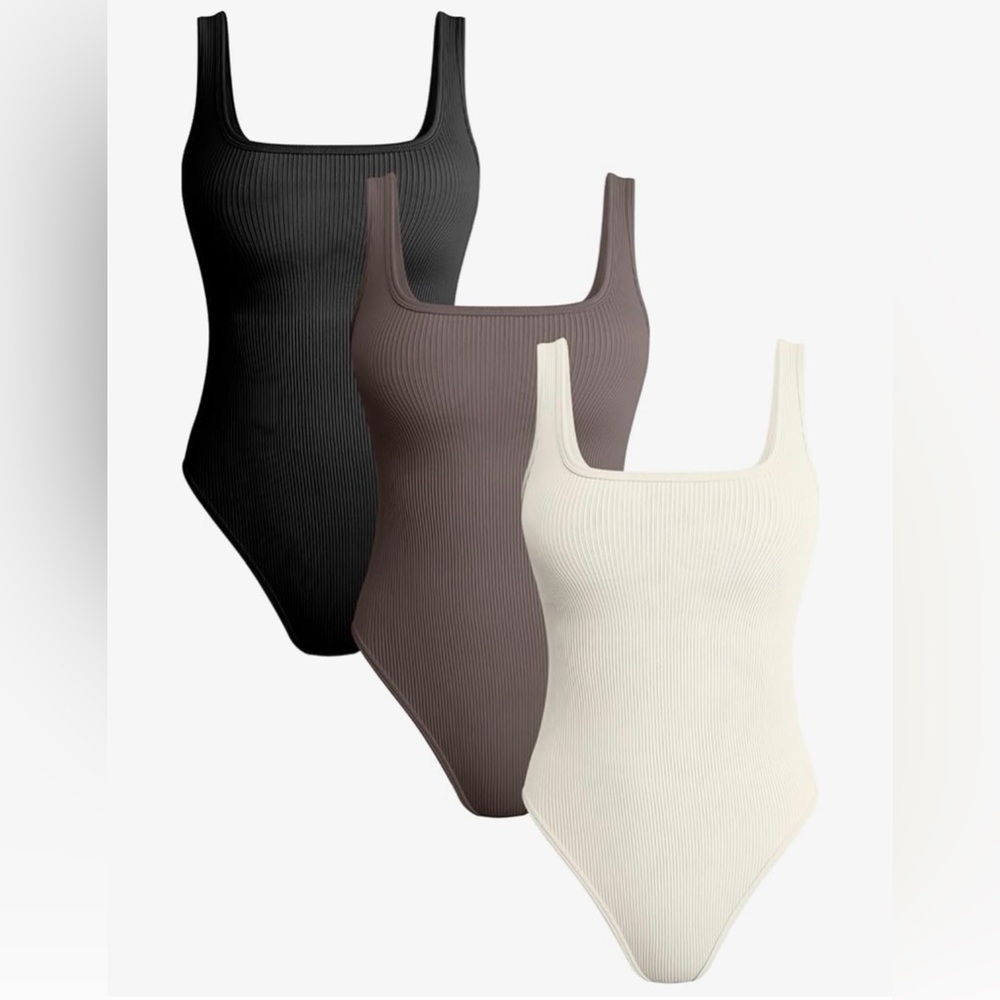 3 Pack Ribbed Shaping Bodysuits Black Cream Brown Square Neck Tank